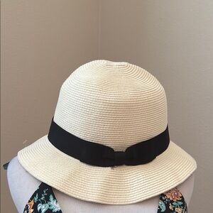 Cream and Black Straw Hat with Wide Brim